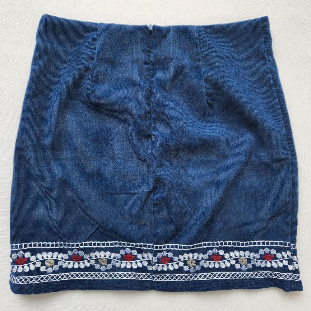 Blue Corduroy Floral Embroidered Skirt Lightweight Boho Prairie Cottagecore Cute - Picture 2 of 9